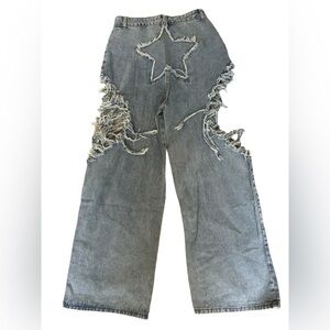 Love highlight denim flare star detail on rear and side cutouts with fringe L